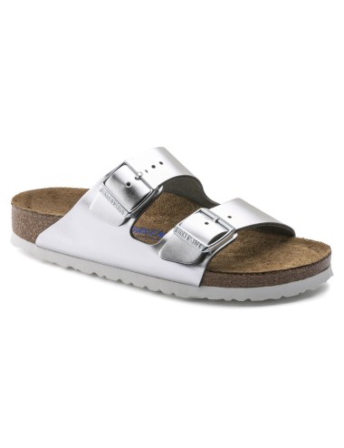 BIRKENSTOCK ARIZONA SOFT FOOTBED NATURAL LEATHER REGULAR METALLIC SILVER SANDALS