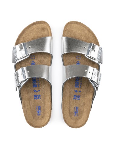 BIRKENSTOCK ARIZONA SOFT FOOTBED NATURAL LEATHER REGULAR METALLIC SILVER SANDALS