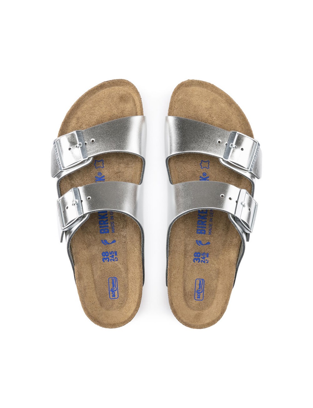 BIRKENSTOCK ARIZONA SOFT FOOTBED NATURAL LEATHER REGULAR METALLIC SILVER SANDALS