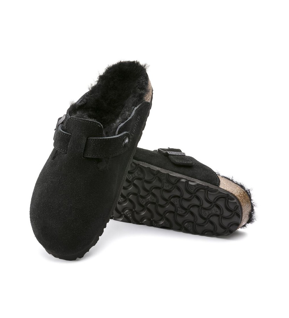 ZUECO BIRKENSTOCK BOSTON SHEARLING SUEDE LEATHER/FUR REGULAR BLACK