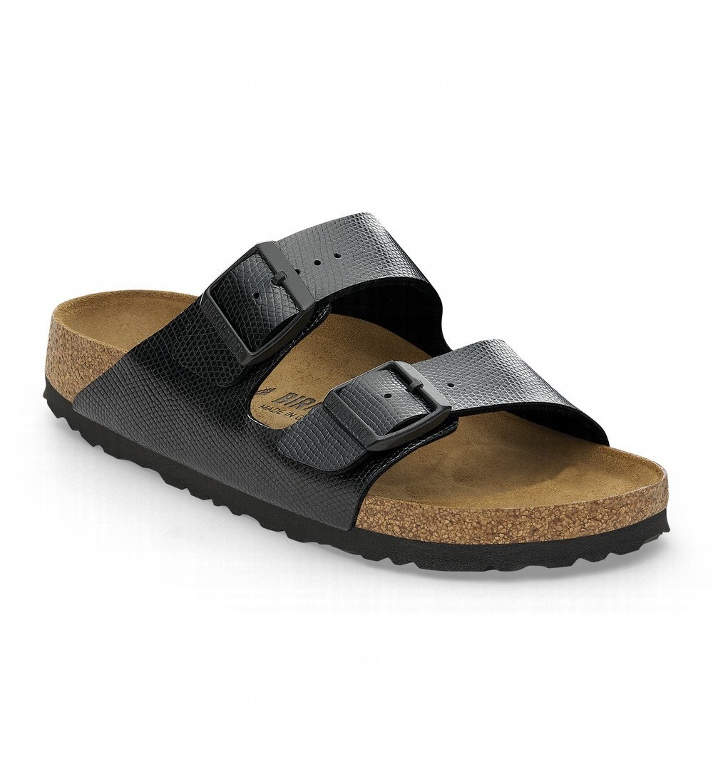 BIRKENSTOCK ARIZONA BS BIRKO-FLOR EMBOSSED REGULAR BF SHINY LIZARD BLACK SANDALS